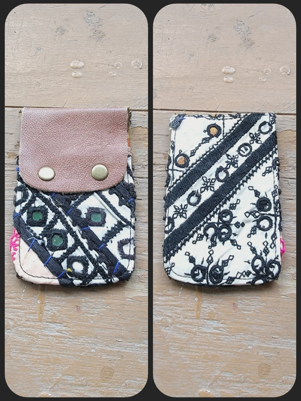 Free People embroidered banjara boho repurposed vtg leather wallet card case